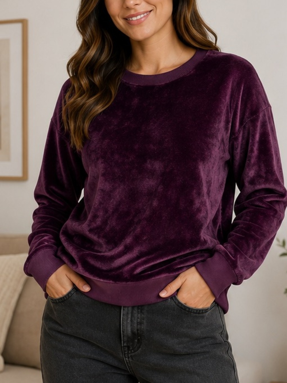 NWT Velvet Crewneck Sweatshirt in Deep Plum